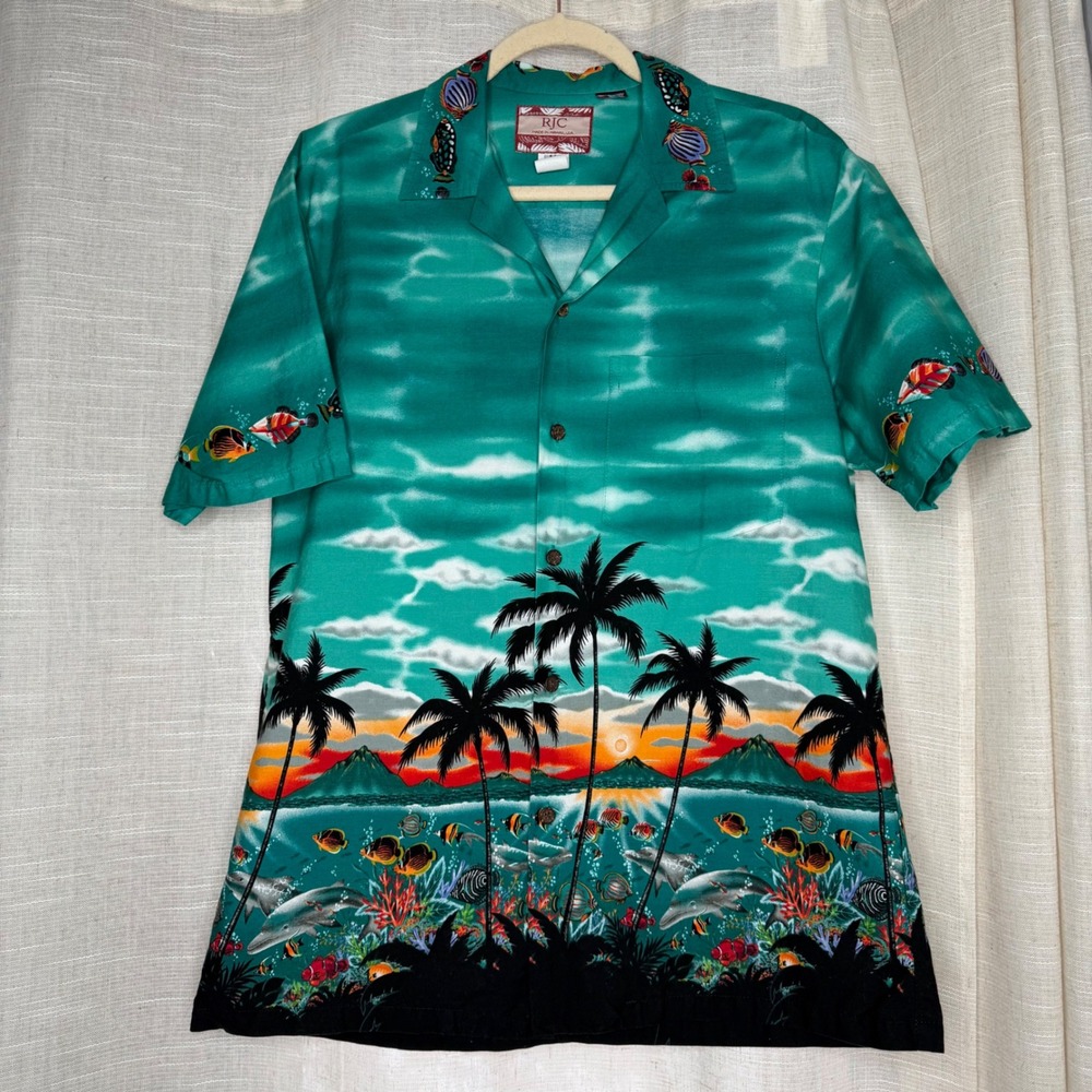 Vintage RJC Hawaiian Shirt Ocean Fish Dolphins Beach‎ Cotton Barkcloth Medium